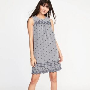 Old Navy Scalloped-Yoke Eyelet Shift Cotton Dress,Blue Stripe Size S